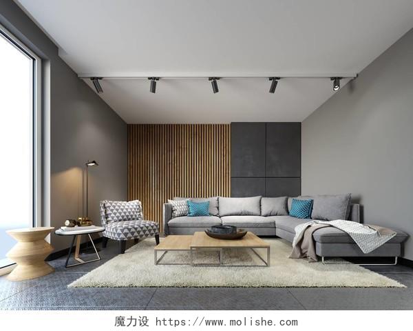 现代阁楼内部的客厅灰色沙发和五颜六色的枕头上的金属地板